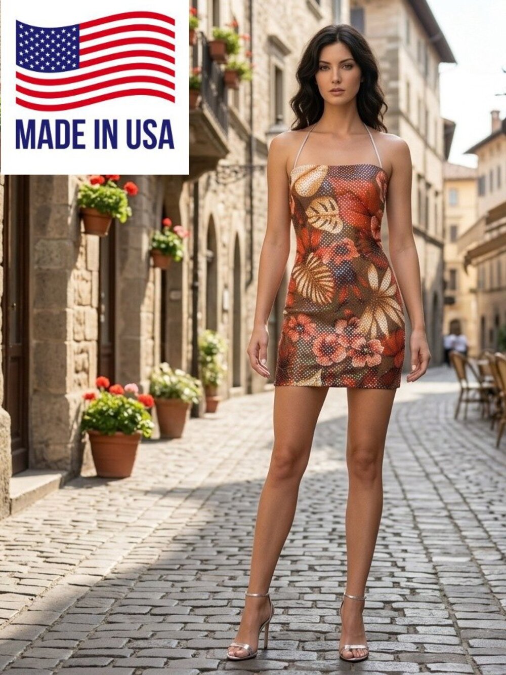 Women's Mini Sparkling Sequin Dress One Size Brown Floral Print